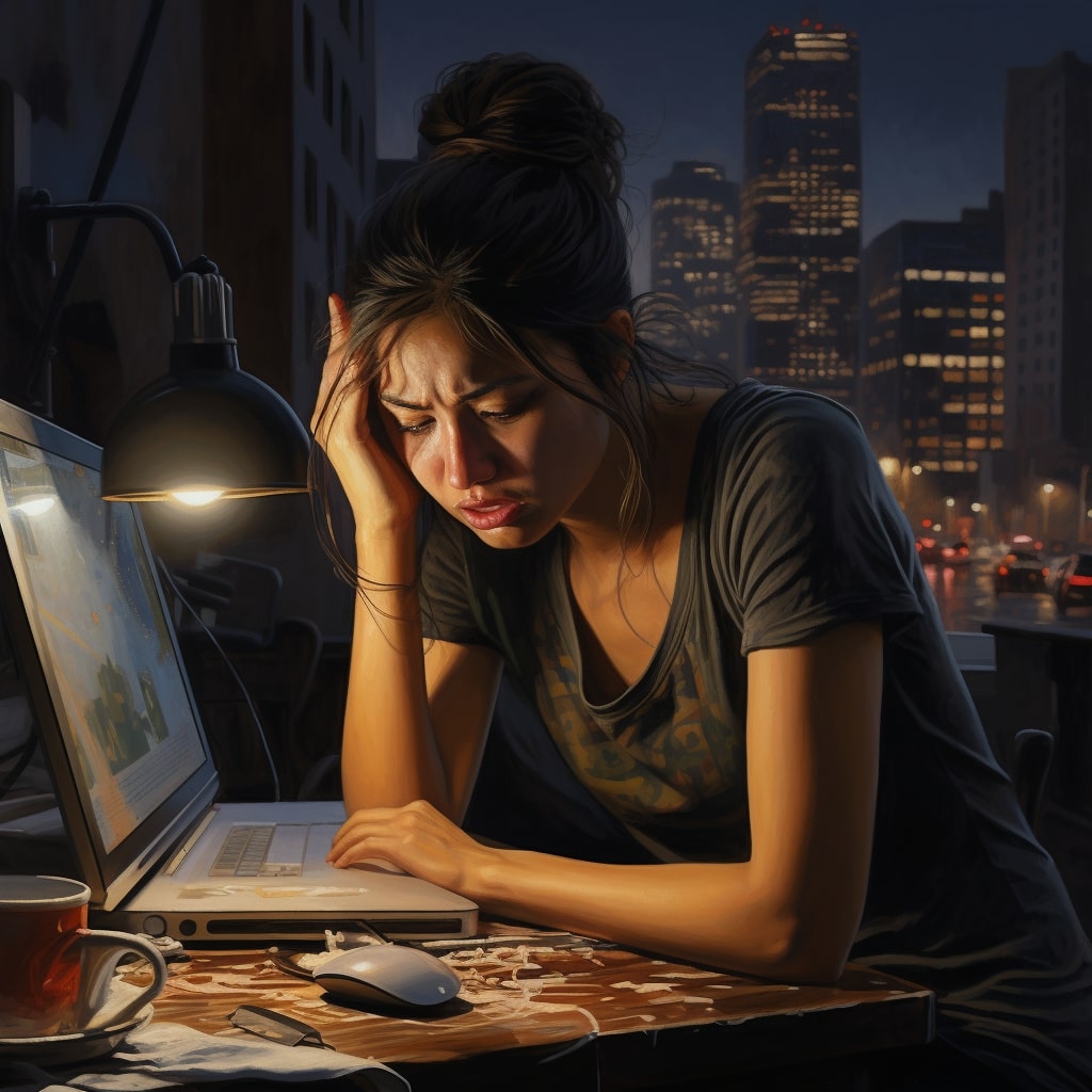 woman with occupational burnout at her computer