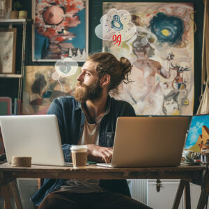 creative hipster with two computers and pictures on the wall, thinking creatively
