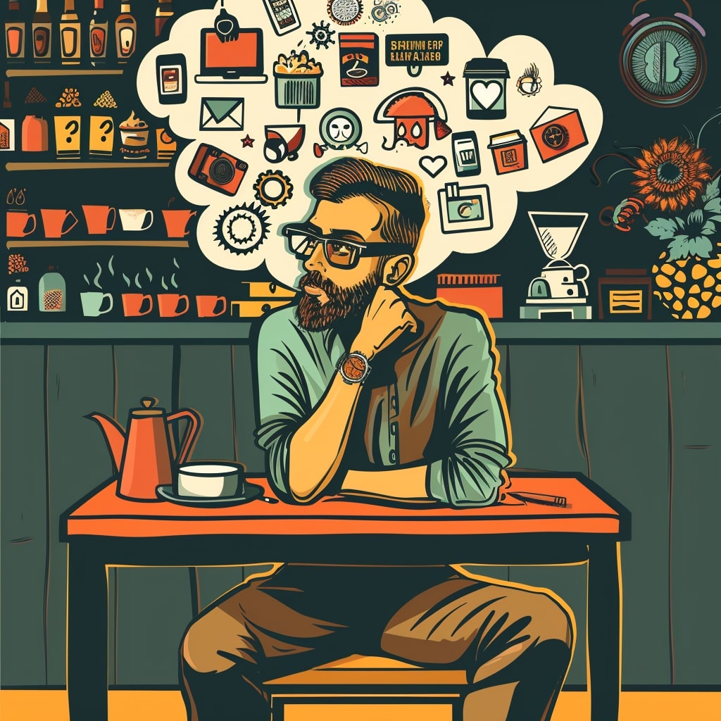 sketch of a hipster thinking about technology in a coffee shop