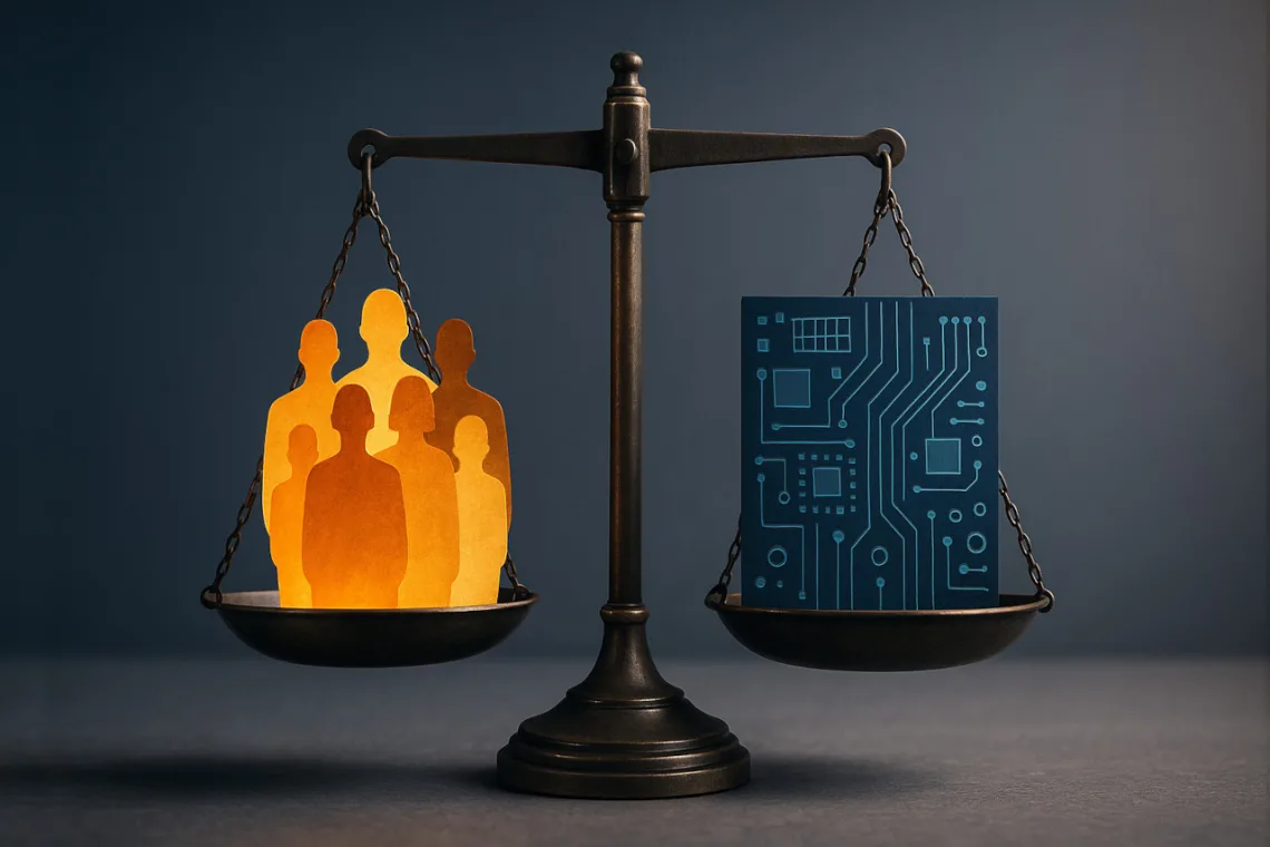 scale with people on one side and circuit board on the other, representing how to calibrate for implicit bias in AI