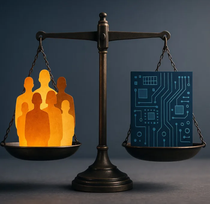 scale with people on one side and circuit board on the other, representing how to calibrate for implicit bias in AI
