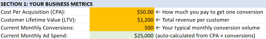Screenshot of Section 1: Your Business Metrics